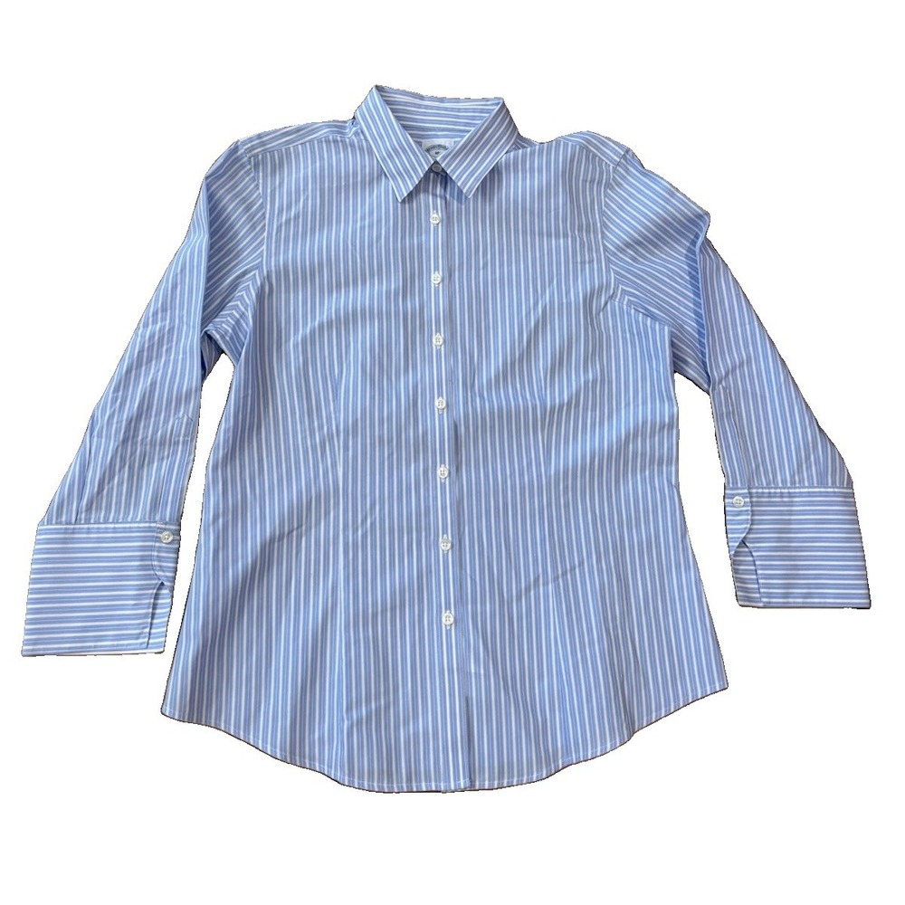 Brooks Brothers Womens 8 Petite Blue Stripe Fitted 346 No-Iron Cotton Top Blouse
